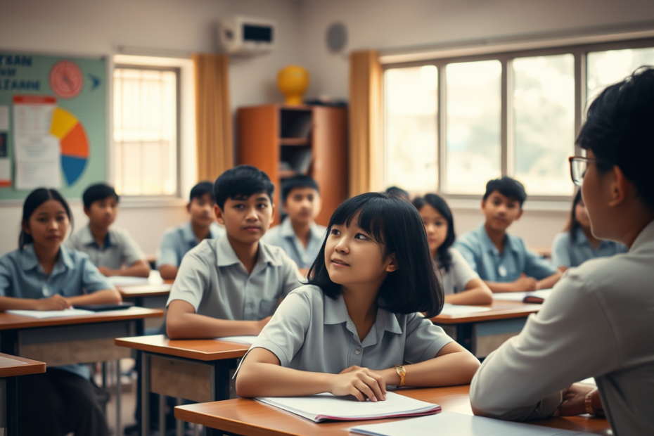 teacher is teaching secondary school in the class room in Karangan Peranan Guru dalam Pembentukan Karakter Pelajar